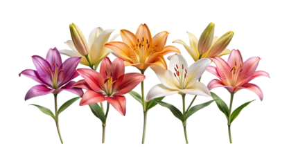 A diverse arrangement of colorful lilies against a clean white background