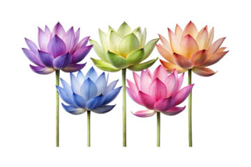 Five vibrant lotus flowers in various colors isolated on a white background