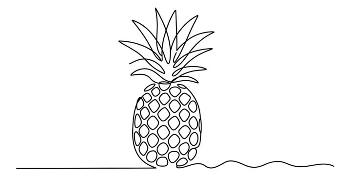 Continuous line art drawing of a tropical pineapple fruit with crown leaves, isolated on a clean background, embodying minimalist design and simplicity. Vector, illustration