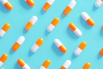 Evolving array of medicine against a soothing backdrop. Editorial use. Subtle arrangement of vibrant medication on a pastel blue background. Real feeling. Authentic moment.