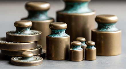Collection of antique brass calibration weights on a grey surface for precise measurement and scientific accuracy historical tool justice concept
