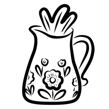 Floral Pitcher Vase Illustration in Black Outline for Craft Design