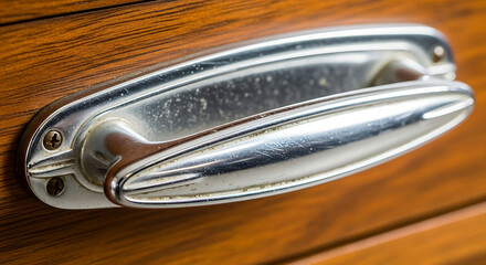 Vintage chrome drawer handle on antique wooden furniture surface showing old classic design and metallic texture with screws industrial