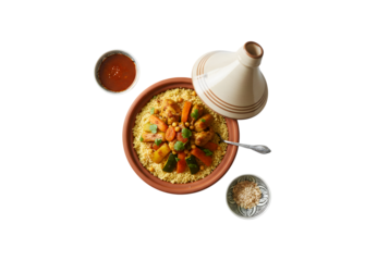 Couscous served in a tagine against a white backdrop, viewed from above and at an angle, a complete set
