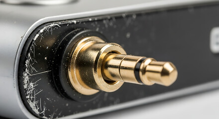 Golden audio jack plug inserted into electronic device for sound connection output equipment technology isolated on white background