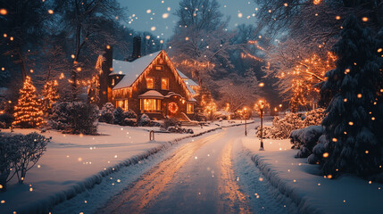 winter cabin decorated with christmas lights in a snowy forest setting