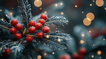 holly leaves with red berries on a green background.