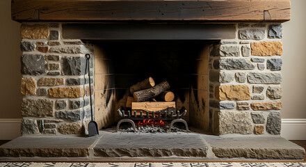 Rustic stone fireplace featuring flickering flames and glowing embers providing warmth and comfort to a cozy home interior