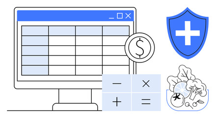 Computer spreadsheet, floating dollar coin, calculator, shield with medical cross, vegetable illustration. Ideal for budgeting, finance, health planning, nutrition tracking expense management