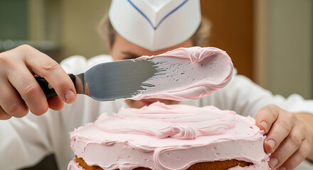 Professional baker expertly spreads vibrant pink frosting onto a freshly baked delicious homemade layer cake with a spatula