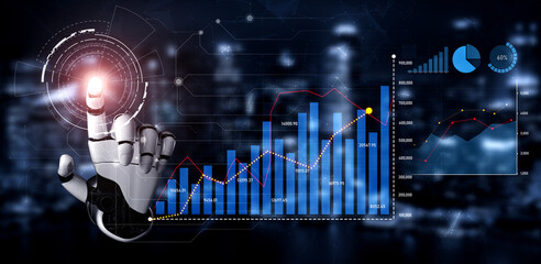 A futuristic robotic hand touches a digital interface filled with data charts and graphs, symbolizing advanced analytics and innovative financial solutions in a tech-driven world. Scalp