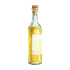 Bottle of limoncello with a cork and a blank white label. Watercolor traditional Italian alcoholic liqueur made from lemons. Hand drawn illustration Yellow beverage or oil Isolated from background