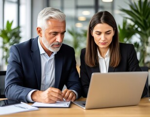 A gray-haired elderly man works on a laptop with a young female colleague. The manager shares his experience