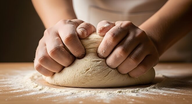 Close up of baker hands pressing and kneading raw wheat dough on wooden table with scattered flour
