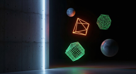 Glowing 3D shapes dark room.