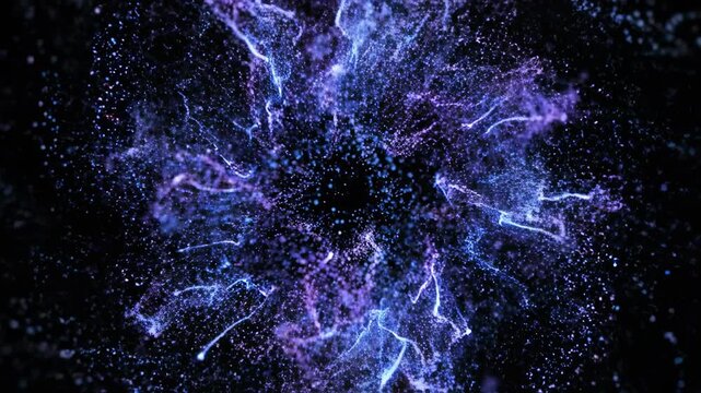 Seamlessly looping abstract motion graphics of glowing particles briefly coalescing and then dissolving into a black void demonstrating ephemeral existence digital, modern, dust