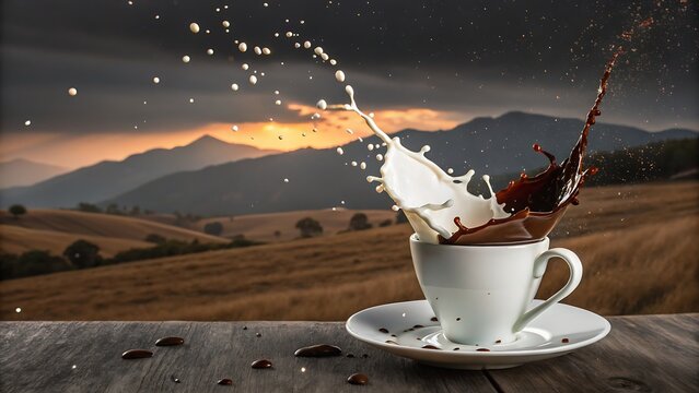 Dramatic splash of milk and chocolate liquid mixing in a white cup on a rustic wooden table against a backdrop of rolling hills at sunset