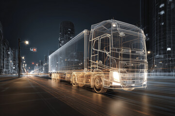A wire-frame truck travels down a city street at night. Technology, GPS, location. Mobility.