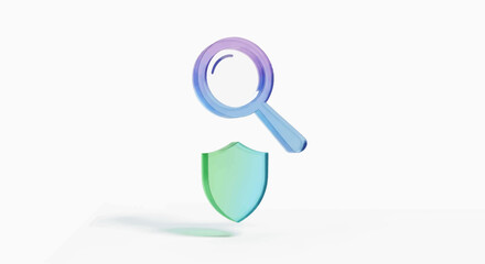 A glossy 3D vector illustration of a magnifying glass or magnifier symbol on a blue background is an icon for search on the web or internet