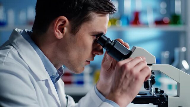 A male caucasian scientist in a white lab coat adjusts a microscope with his hands, looking into the eyepiece in a brightly lit modern laboratory. Scientific research concept. Ai
