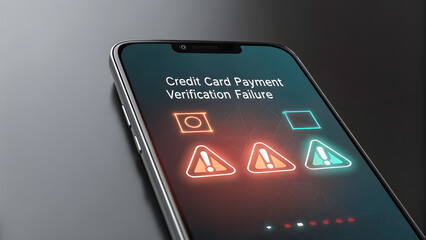 A closeup of a smartphone displaying a credit card payment verification failure message with glowing icons on a dark background, indicating an error