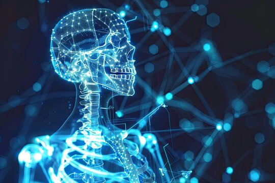 Artistic glowing x-ray illustration of human skeleton in dark background - Powered by Adobe