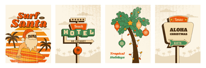 Retro Christmas vertical poster set. Vector illustration in vintage mid century 1950s style with textured for festive print, wall art, holiday branding