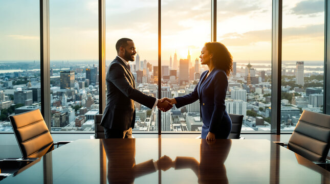 Dynamic diverse business team shaking hands in modern office with stunning city skyline at sunset