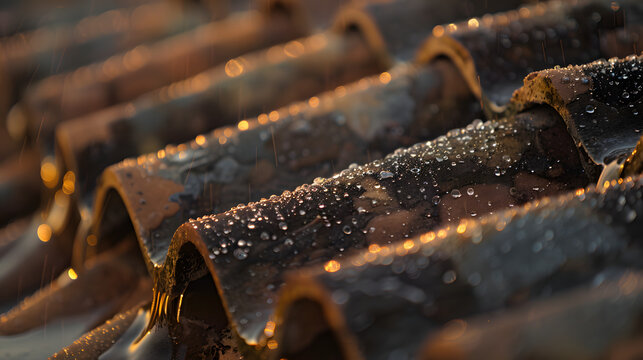 Close-up realistic of old clay roof tiles covered in dew fain