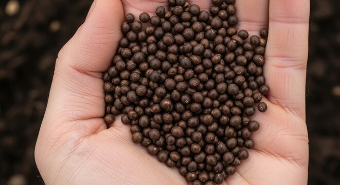 Farmers hand holding tiny organic fertilizer pellets or plant seeds - Powered by Adobe