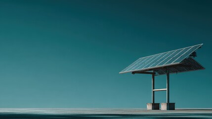 Fototapeta premium A lone solar panel array on a simple metal support stands against a vast, gradient blue sky, with a slightly textured foreground.