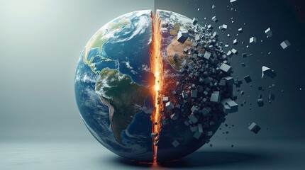 Conceptual image of planet earth splitting into two halves: right half showing a realistic globe while the left half is dissolving into digital cubes, symbolizing  data transformation or breakdown.