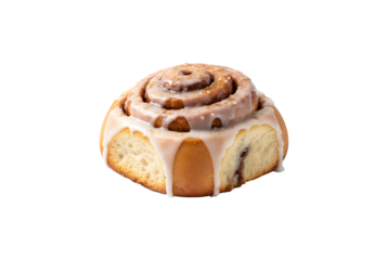 A tasty cinnamon roll is sitting alone against a white backdrop