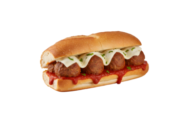A sub sandwich with 6 meatballs, marinara sauce, and cheese, set against a white background with a clipping path.