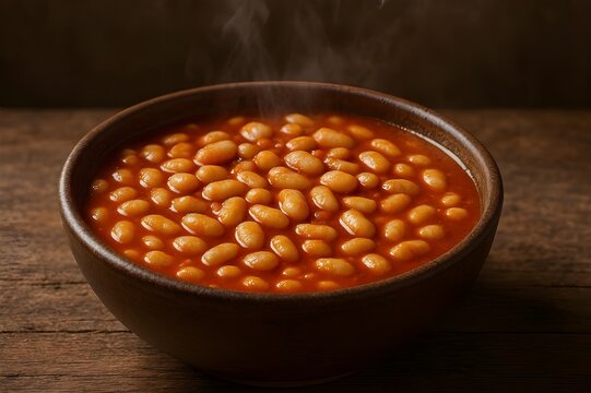 Hot Steaming Turkish Baked Beans in Tomato Sauce (Kuru Fasulye) Served in a Traditional Dark Brown Clay Bowl on a Wooden Table