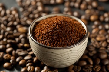 A bowl of instant coffee powder rests on a bed of roasted coffee beans.