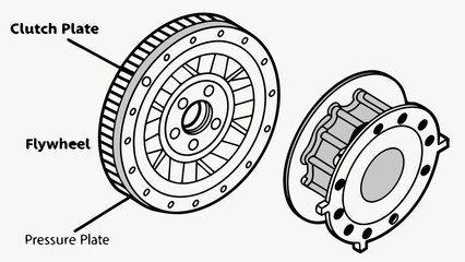 Detailed illustration of a clutch plate flywheel and pressure plate mechanism