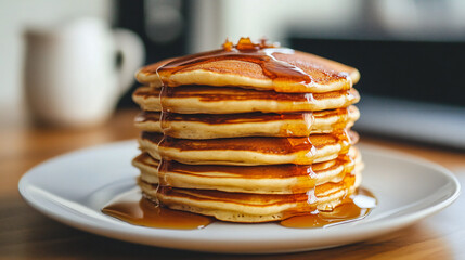 a stack of fluffy pancakes with maple syrup, creating a deliciously sweet and rich glaze