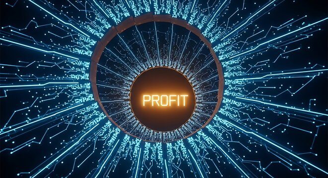 Digital Profit Concept with Glowing Text on a Futuristic Circuit Board Background, Symbolizing Financial Success and Economic Growth in a Technology-Driven World