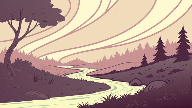 Stylized landscape with winding river bare tree and silhouetted evergreen forest