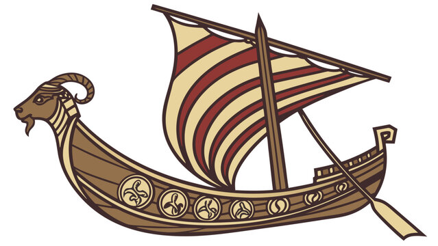 Stylized Viking Longship with Ram Head Striped Sail and Oar Detail