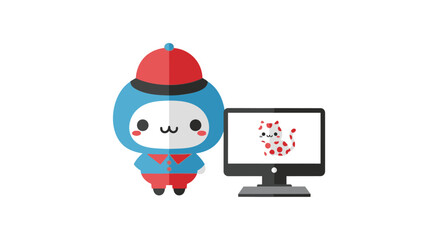 Cute blue character with red hat and shirt stands next to a computer displaying a spotted cat illustration