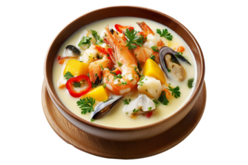 Creamy seafood chowder with shrimp, clams, and vegetables served in wooden bowl with spoon isolated on white transparent background, concept of New Zealand cuisine