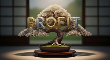 The art of financial cultivation, a conceptual bonsai tree representing strategic investment, sustainable growth, and the blossoming of business profit in a tranquil setting