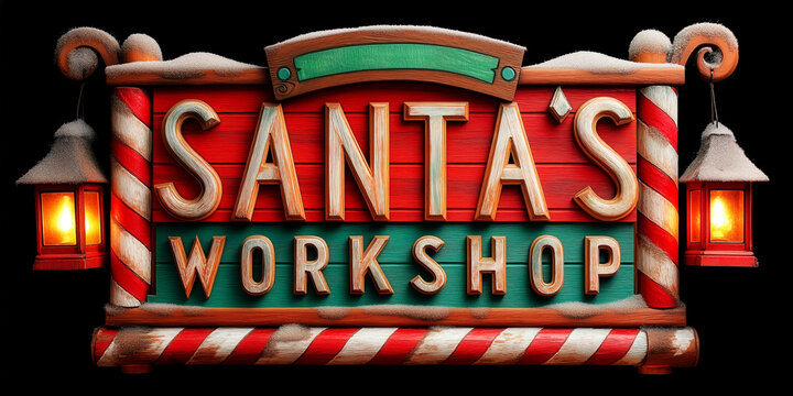 Santa's Workshop Festive Wooden Sign with Lanterns