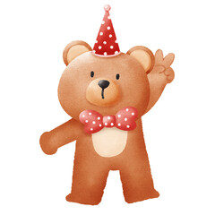 Watercolor Illustration of Bear Wearing Party Hat