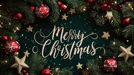 A vibrant holiday scene showcasing a Christmas tree decorated with red and white ornaments, glittering golden stars, and subtle warm lighting, set on a lush green background with the text Merry