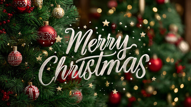 A vibrant holiday scene showcasing a Christmas tree decorated with red and white ornaments, glittering golden stars, and subtle warm lighting, set on a lush green background with the text Merry - Powered by Adobe