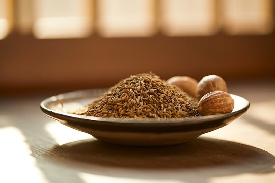 Close-up of cumin seeds and nutmeg on a plate with warm sunlight