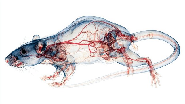 Rat anatomical transparency with vascular mapping showing detailed circulatory system and skeletal structure in scientific illustration with clear visualization of internal organs and bones